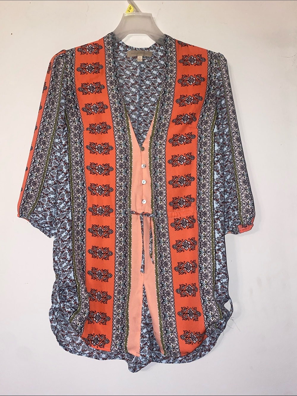 Dance & Marvel Coral and Blue Mixed-Print Romper